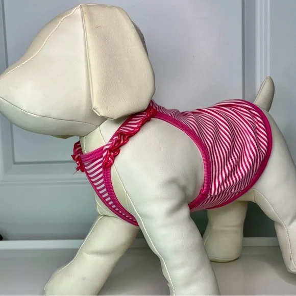 Pink Striped Dog Ruffle Shoulder Tank top - Picture 1 of 7